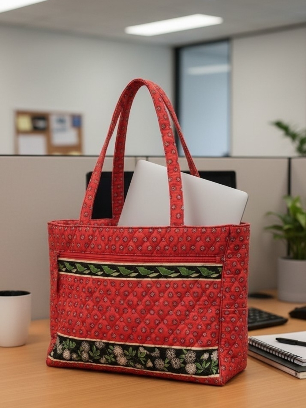 Red Quilted Floral Laptop Tote